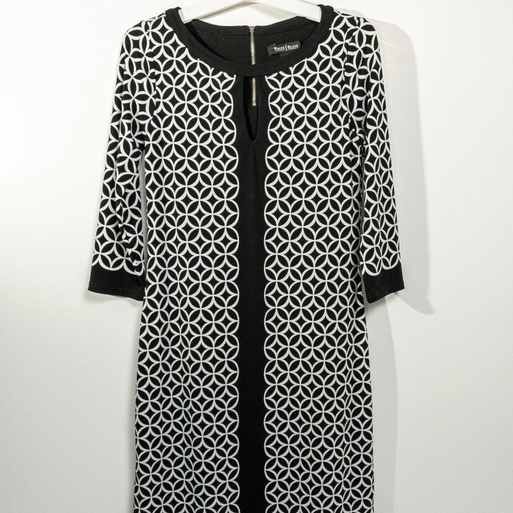 White House Black Market Womens XXS Dress Black White Print 3/4 Sleeve Keyhole